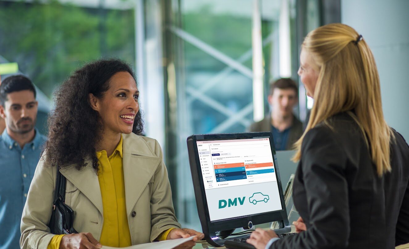 DMV front desk with people