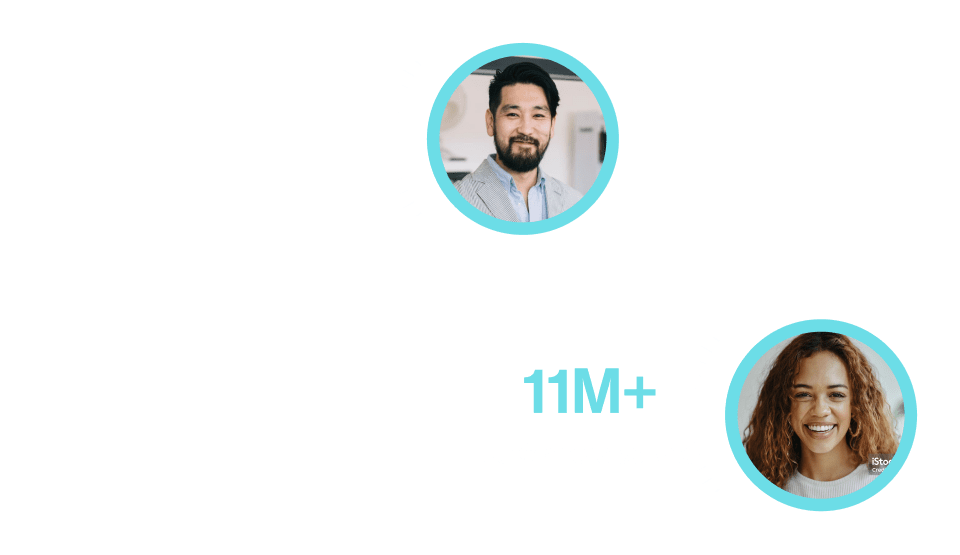a man and woman headshot with teal circle background