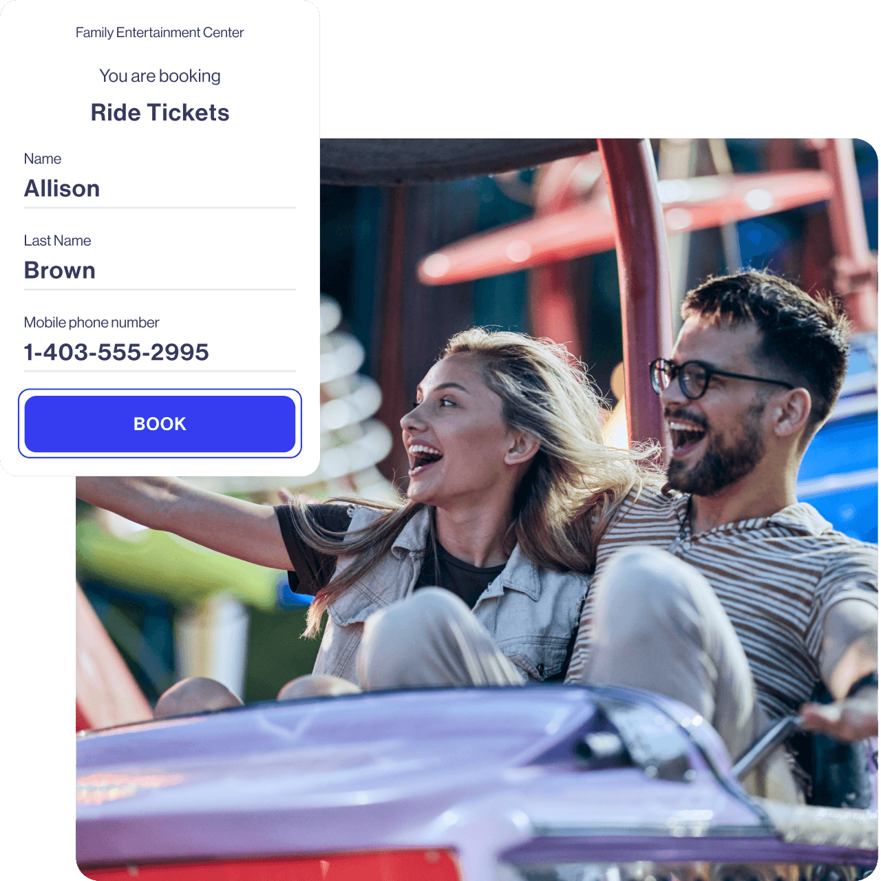 couple on carnival ride and mobile ticket booking