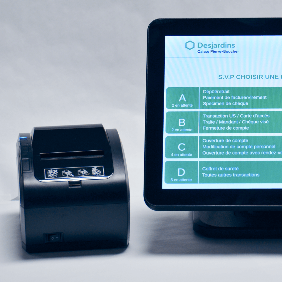 Desjardins kiosk display and ticket printer
