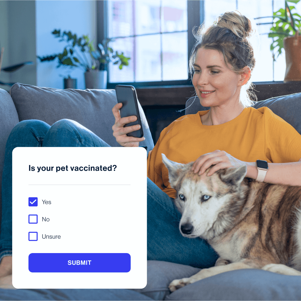 woman with dog on couch with question pop-up