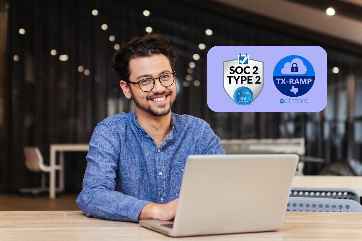 WaitWell data security - Man smile - Soc2Type2 and TXRamp badge