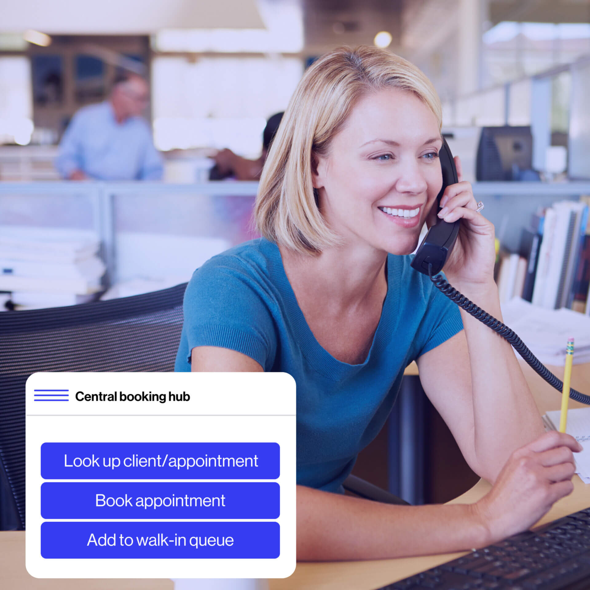 Staff on the phone, central booking hub illustration