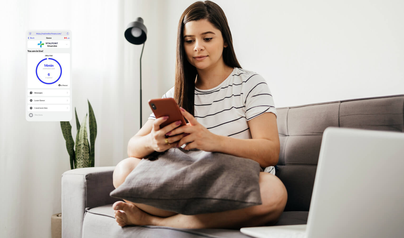 Lady on phone in virtual telehealth clinic waiting room