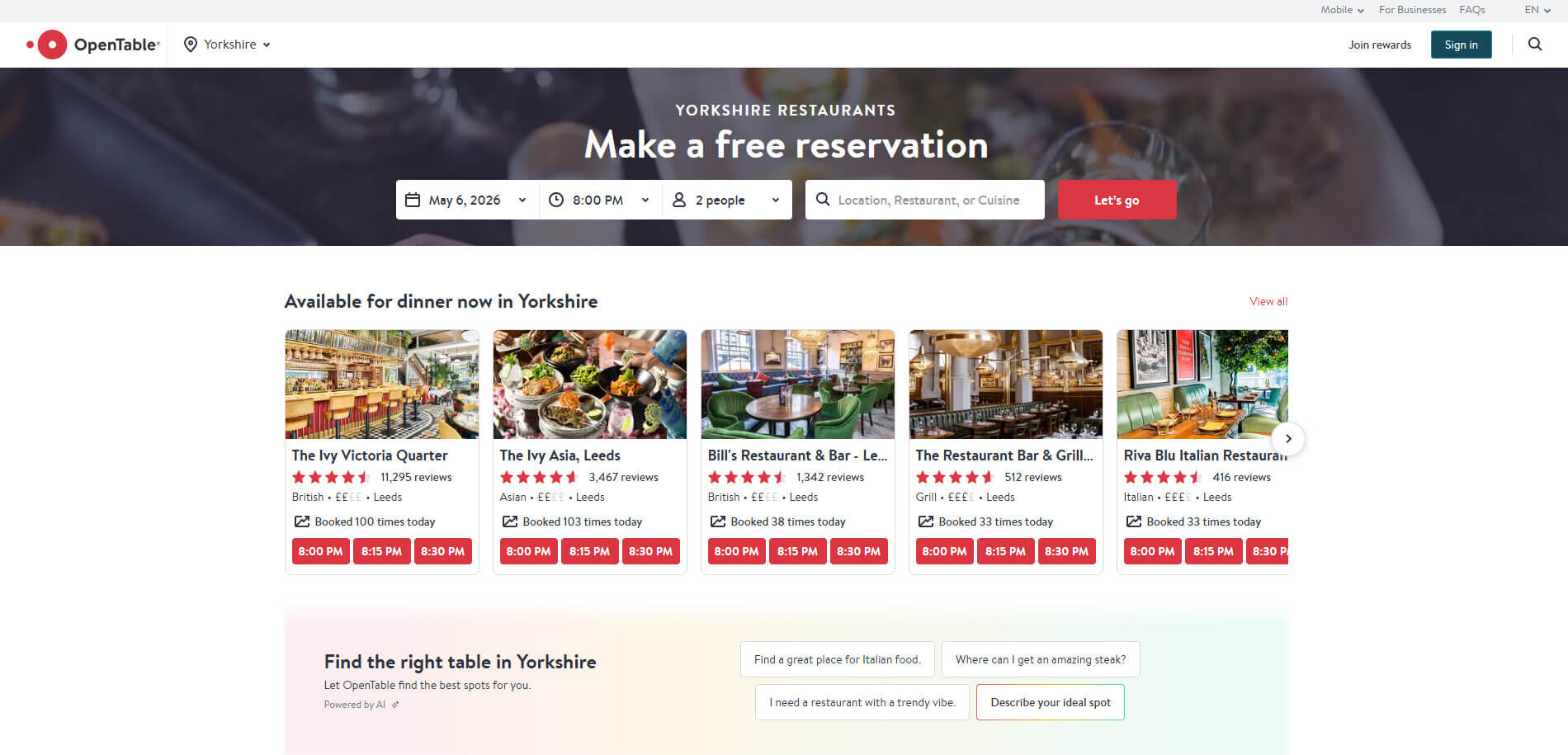 Screenshot of OpenTable availability for Yorkshire restaurants
